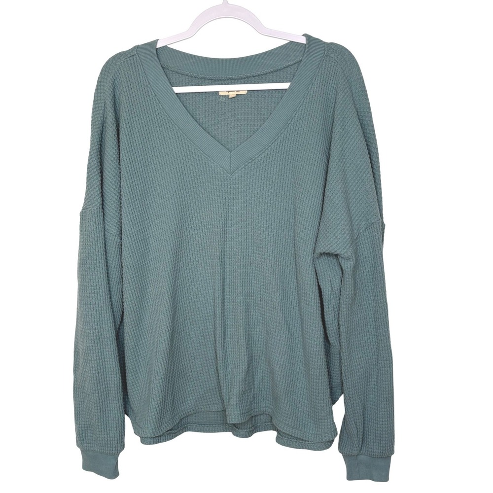 Madewell Cozy Thermal V-Neck Waffle Knit Slouchy Sweater Steely Ocean Texture 1X